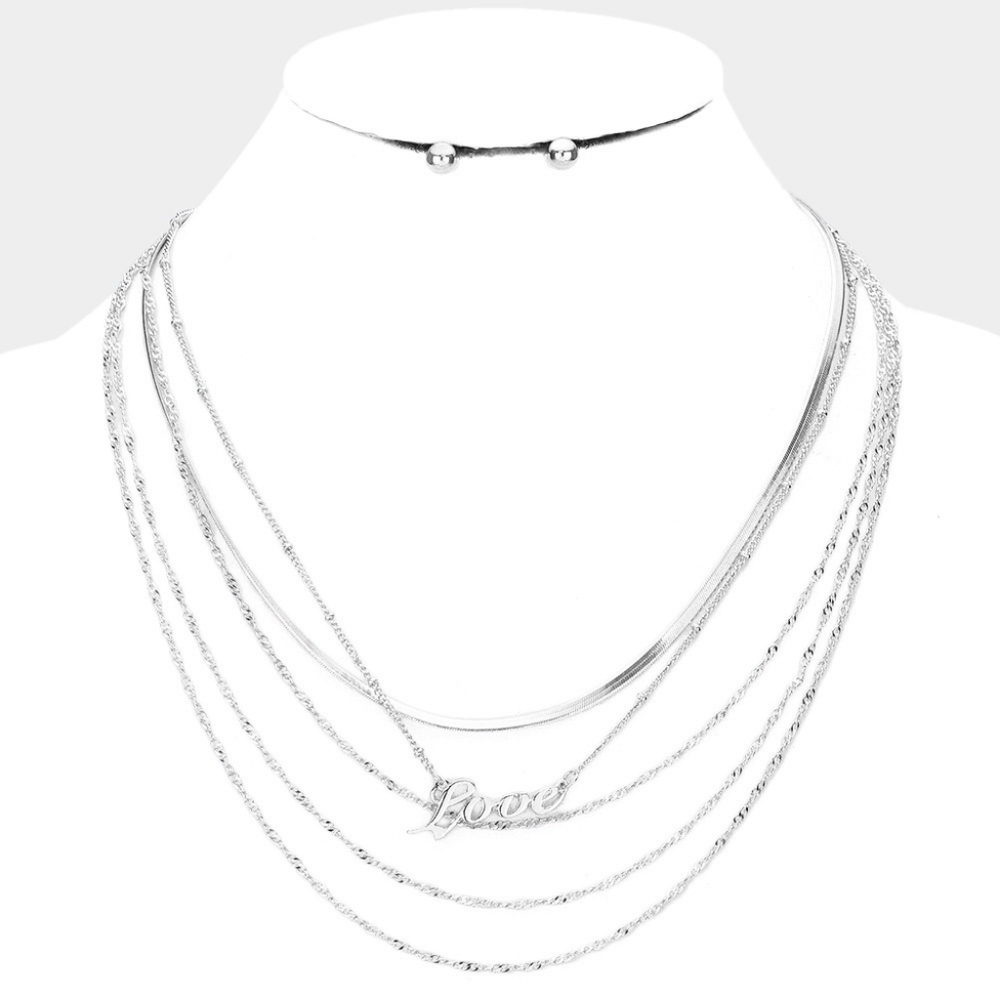 LOVE Silver Pendant Layered Chain Necklace Set